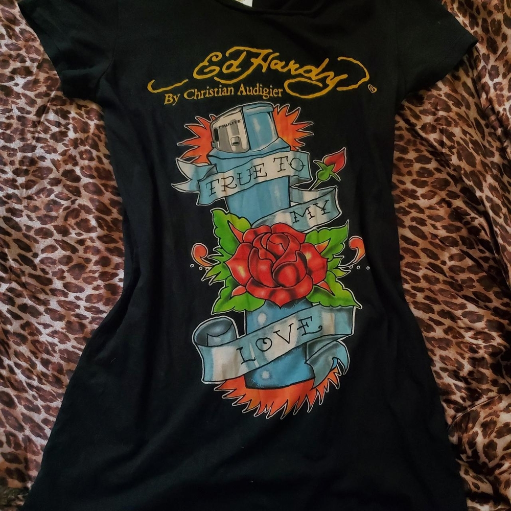Ed Hardy Black Tee with Red and Blue Tattoo Design